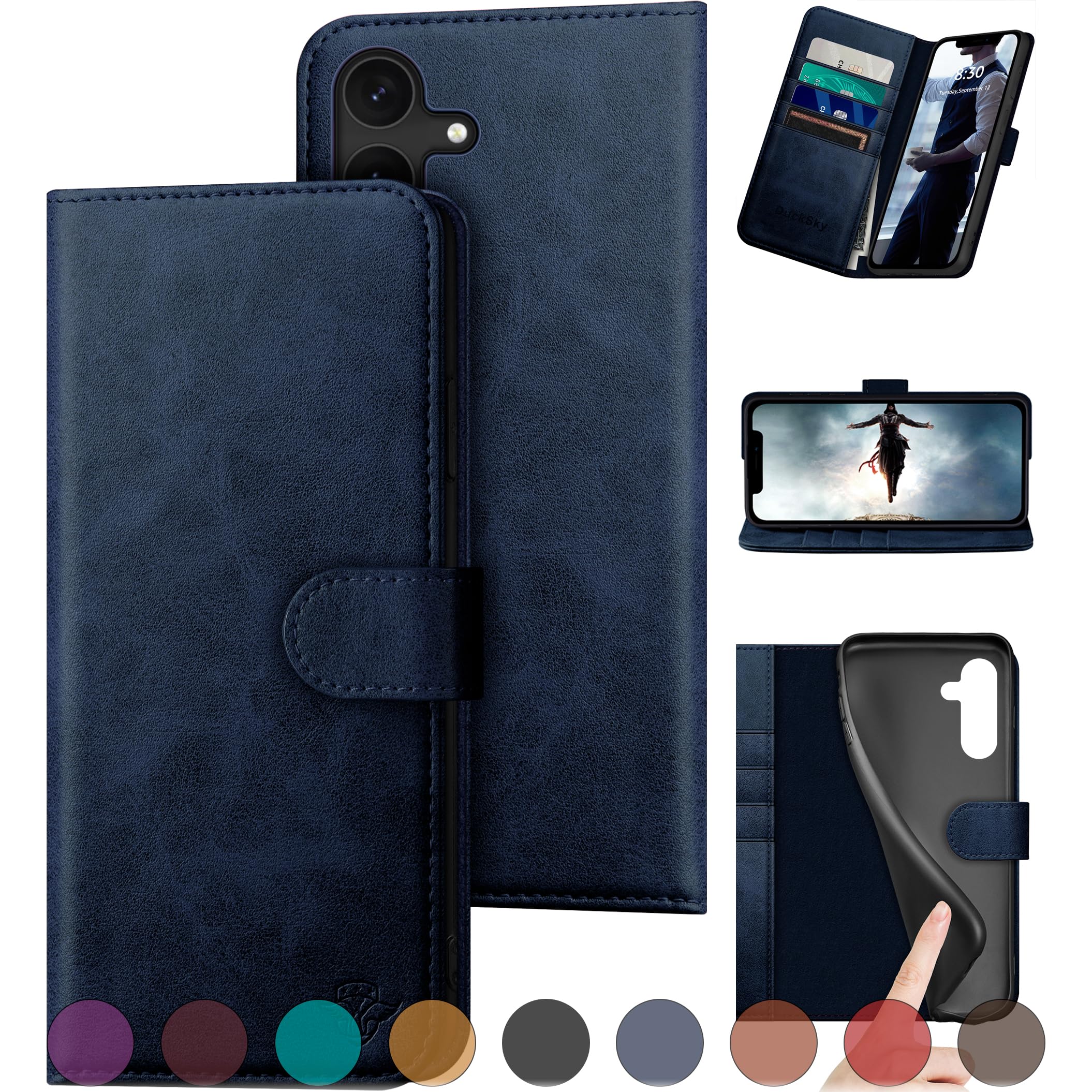 for Samsung Galaxy S23 FE Genuine Leather Wallet case ?RFID Blocking??4 Credit Card Holder??Real Leather? Flip Folio Book Phone case Protective Cover Women Men for S23FE case Dark Blue