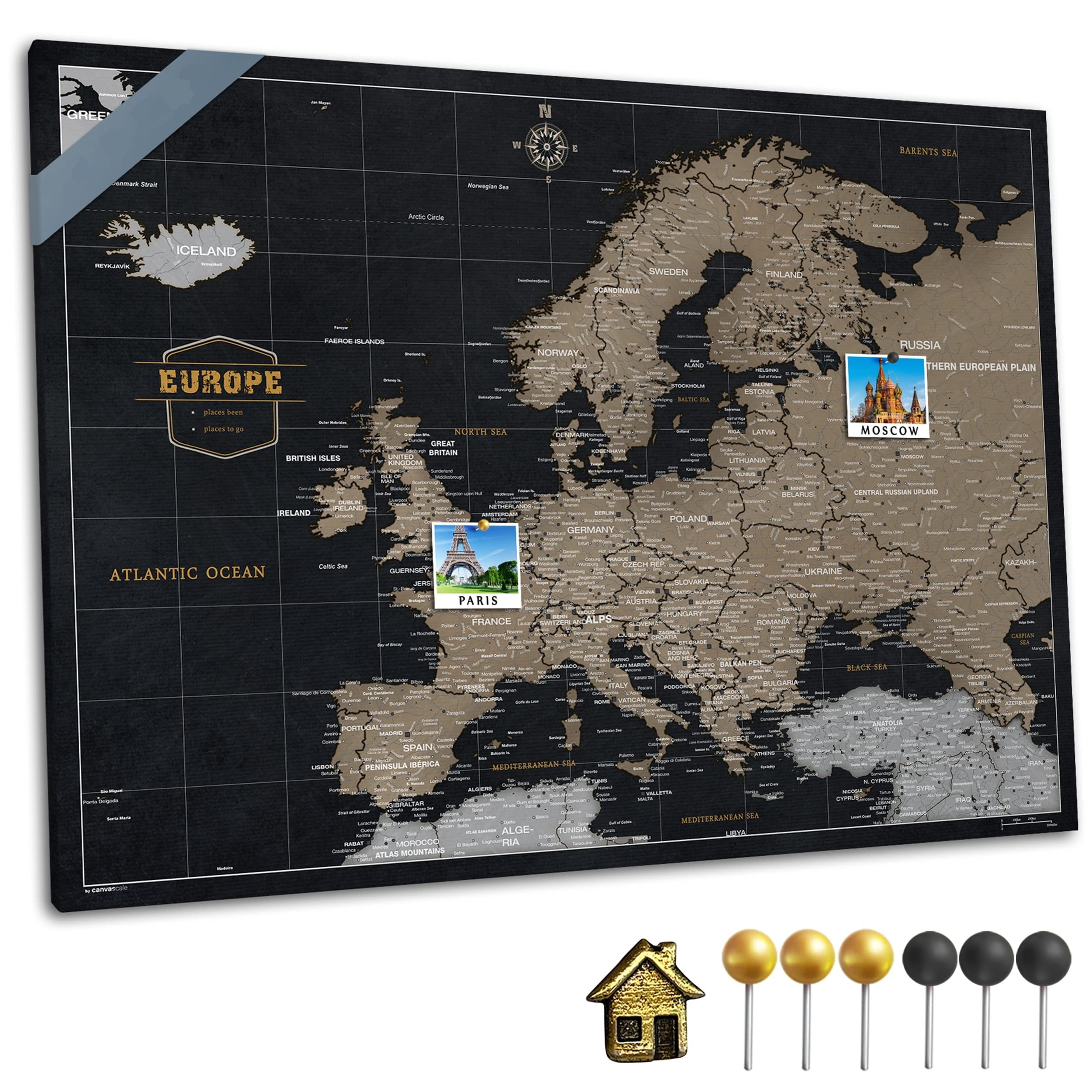 Płócienna mapa Europy z korkiem do przypinania celów podróżnych, dekoracja ścienna do każdego pomieszczenia, wysokiej jakości obrazy na płótnie z mapą Europy, w różnych rozmiarach (55 x 40 cm, wzór 7)