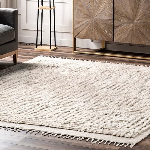Miniatura 8 de Rugs USA x Arvin Olano Crissy Crosshatch Shag - Alfombra de lana de 5 x 8 pies, color beige