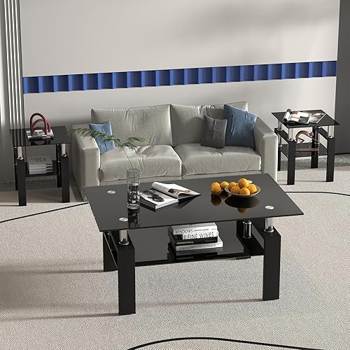 Miniatura 5 de ODUSE-DAILY Juego de 2 mesas auxiliares de cristal negro, mesa de cristal pequeña, mesa auxiliar negra, juego de 2 mesitas de noche de vidrio