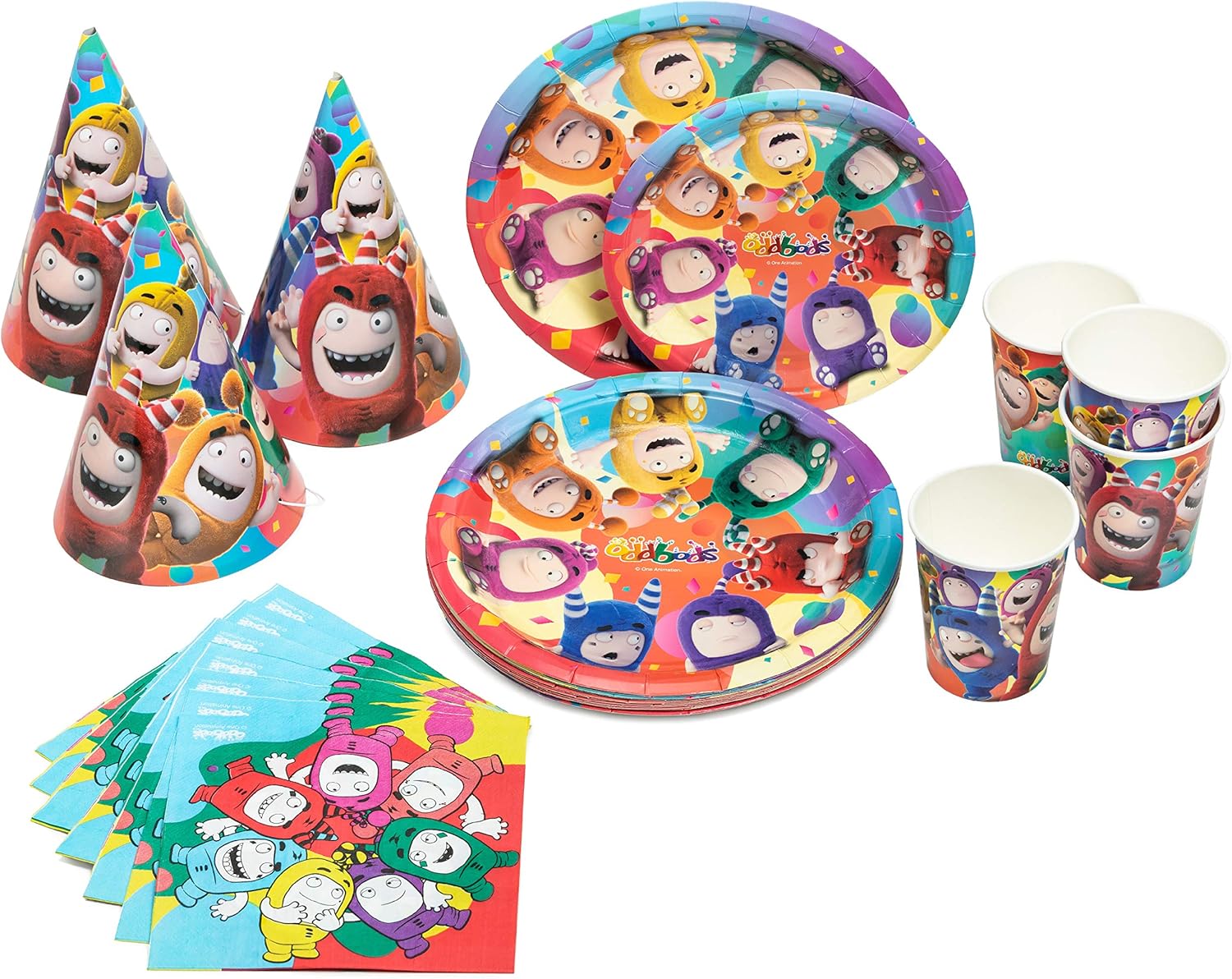 amazon com oddbods theme kids birthday party supplies decorations set with plates cups hats and napkins 80 pieces home kitchen