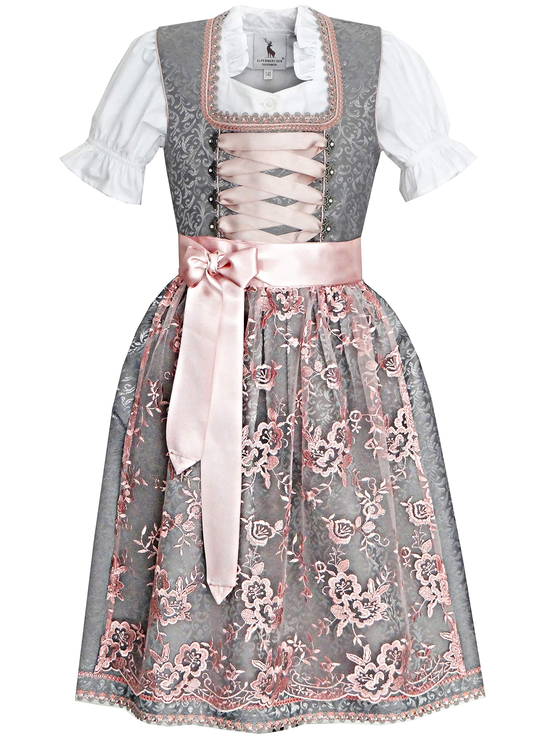 Alpenmärchen Kinderdirndl aus exklusiver Kollektion inkl. Schürze und Bluse, viele weitere Modelle 104 Grau-ros