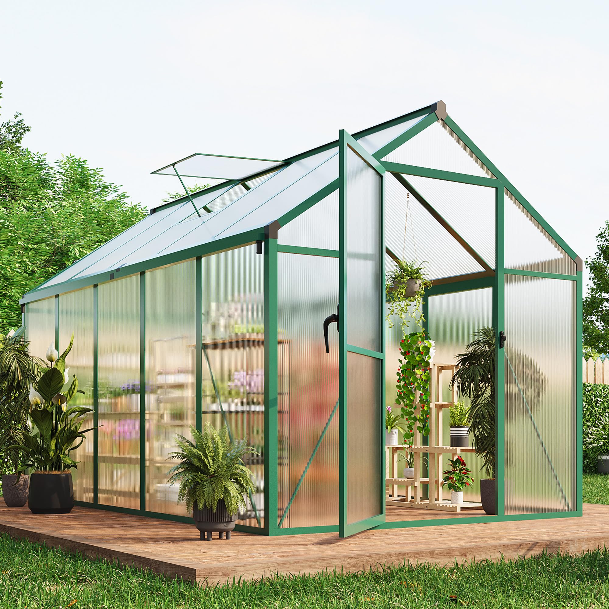 garvee 6 x 10 ft greenhouse, greenhouses for outside, polycarbonate greenhouse with aluminum frame, lockable door and ajustable roof vent for backyard, green houses for outside garden backyard, patio