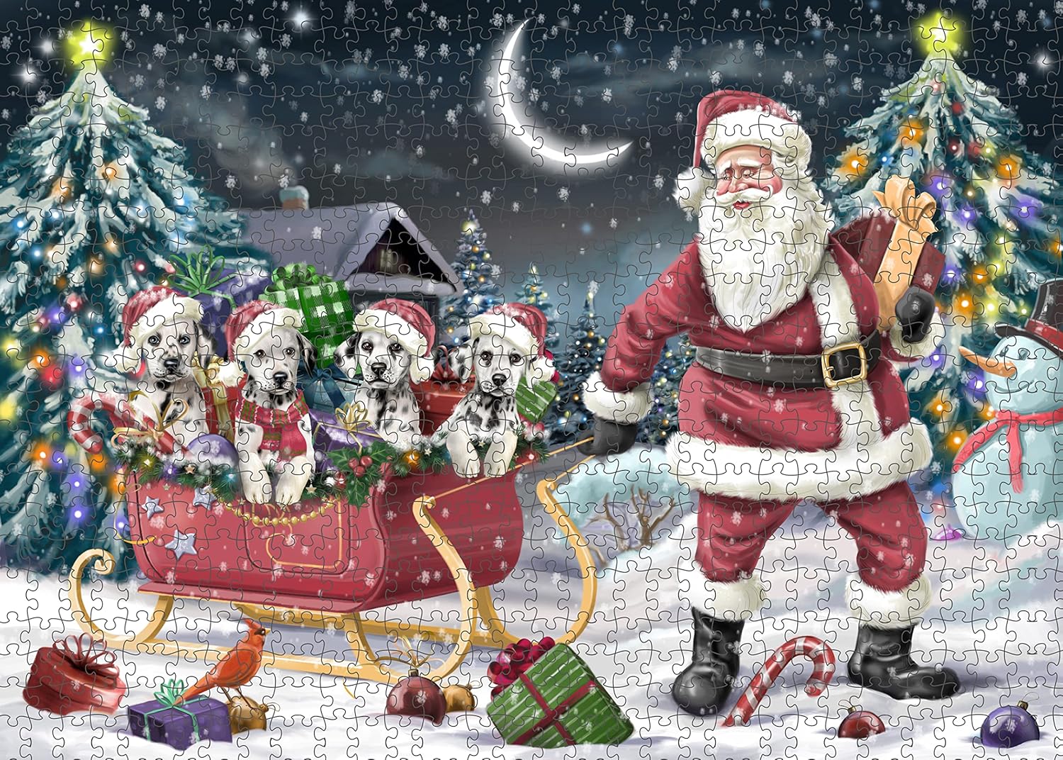 Christmas Santa Sled Dalmatian Dogs Jigsaw Puzzle for Adults - Animal Printed Interlocking Puzzle Game Artwork - Gift for Dog Lover's - 1000 Pcs 29.5"x19.7"
