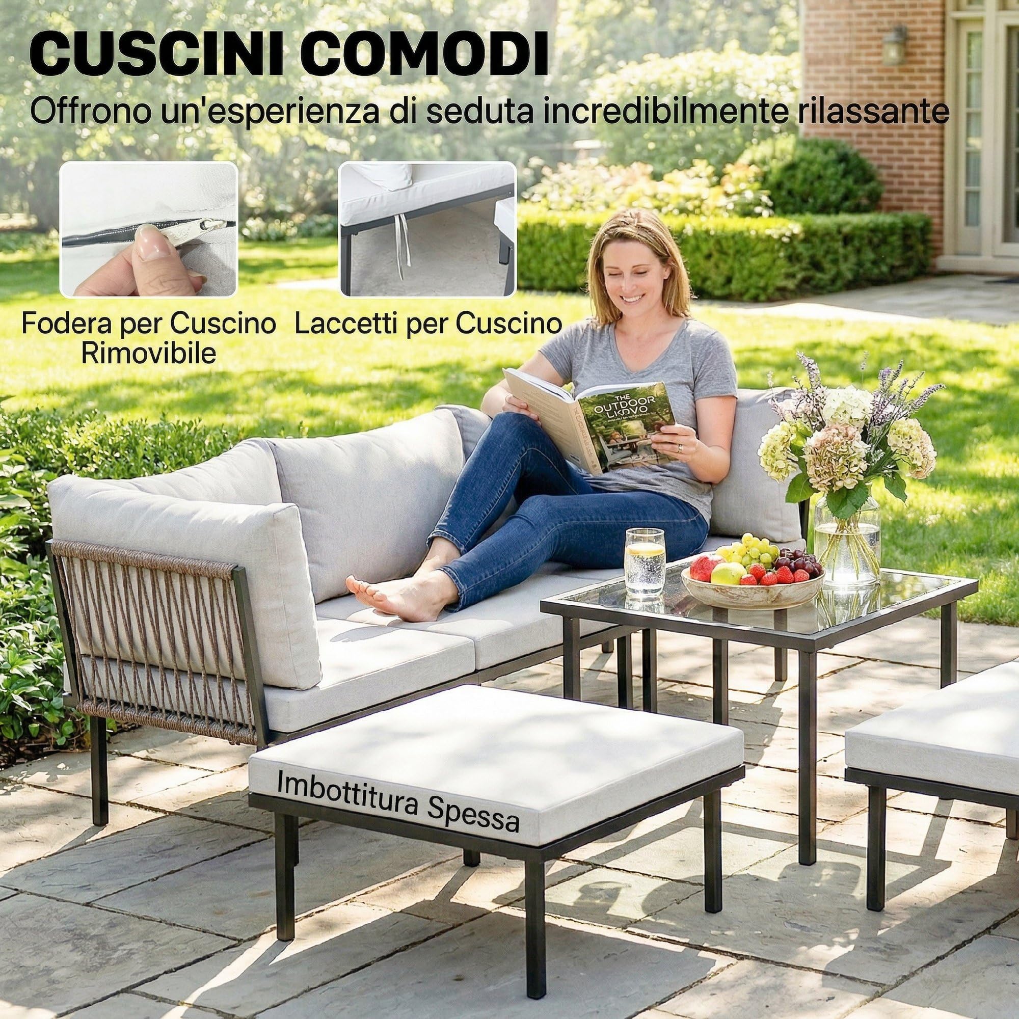 Outsunny Set Salotto da Giardino 6 Pezzi, Set di Mobili da Giardino Angolare con Divano 2 Posti, 3 Sedie, Poggiapiedi, Tavolino in Vetro, Cuscini, Salottino da Esterno ad L in Metallo, Grigio Chiaro