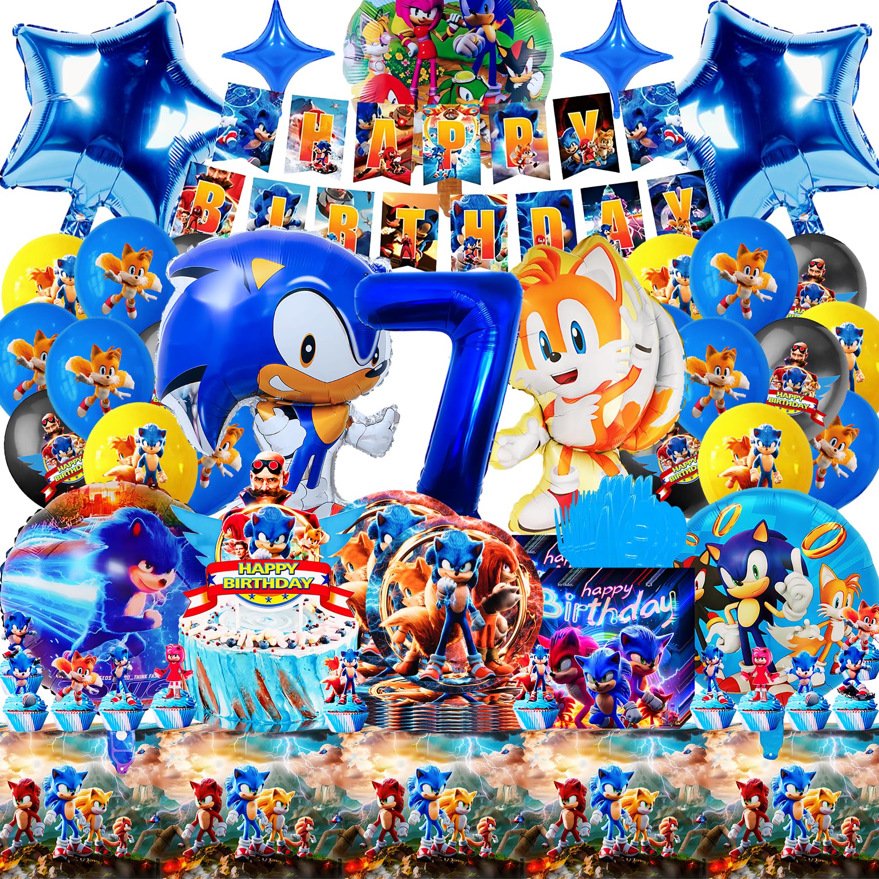 SABAN Decoracion Soni Cumpleaños 7 Años, 95 Piezas Kit Vajilla Cumpleaños Soni, 3D Globos Foil Soni para Niños, Alta Calidad Mantele, Banner y Decoración Tartas, Decoracion Fiesta de Niño Tema Bluey