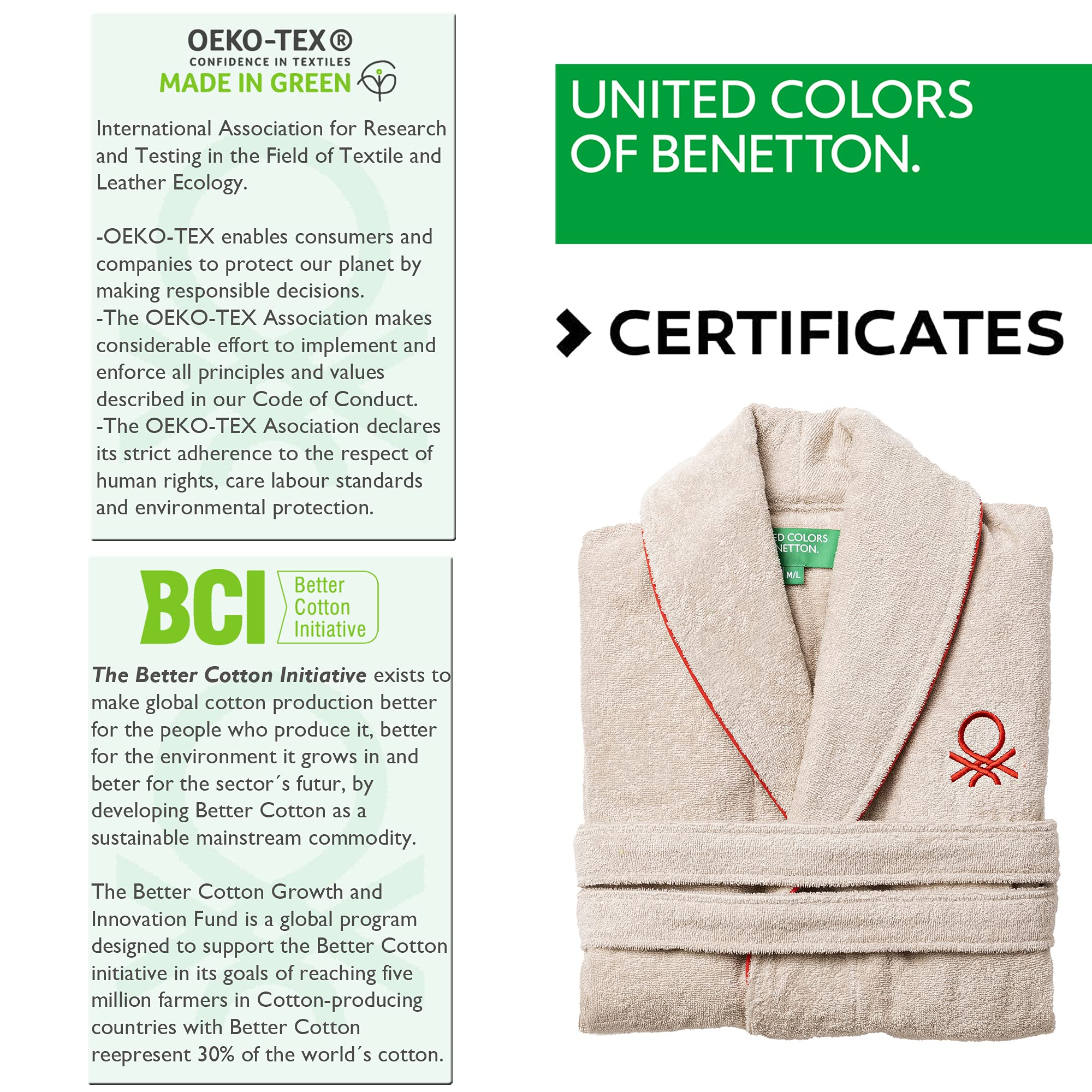 UNITED COLORS OF BENETTON. Szlafrok unisex męski lub damski 360gsm 100% bawełna, kremowy, Kremowy, L-XL