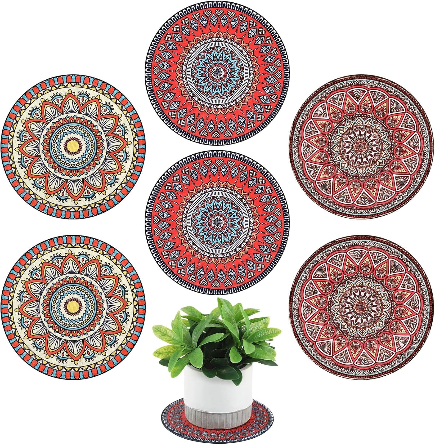 Nuanchu 6 Pcs Boho Plant Pot Mat Absorbent Non Slip Pot Plant Pad Round Plant Coaster Mat Gardening Indoor Outdoor Flower Plant Protect Mat for Table Desk Floor Plant, 5.9 Inches (Elegant Style)