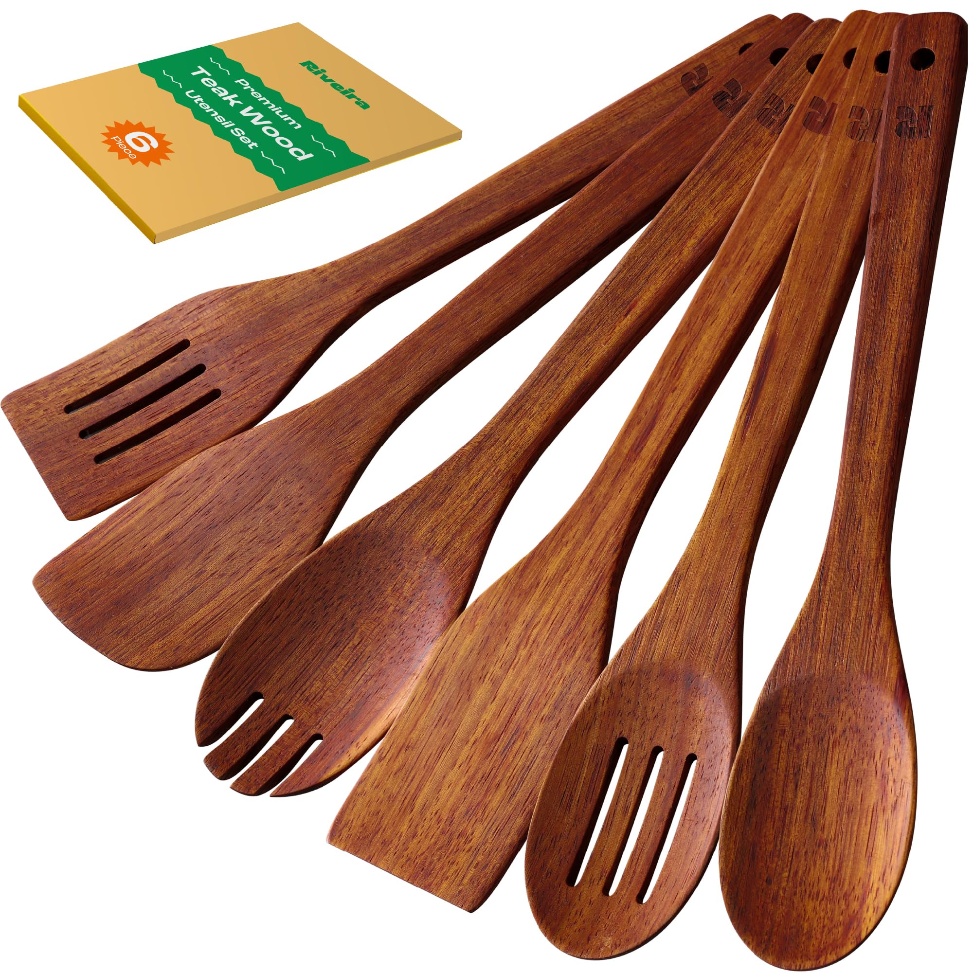 Riveira Teak Wooden Spoons for Cooking Set of 6 – Natural Teak Wooden Cooking Utensils, Wooden Spatula, Wooden Spoon - Premium Quality Wooden Utensil Set for Non-Toxic Cooking