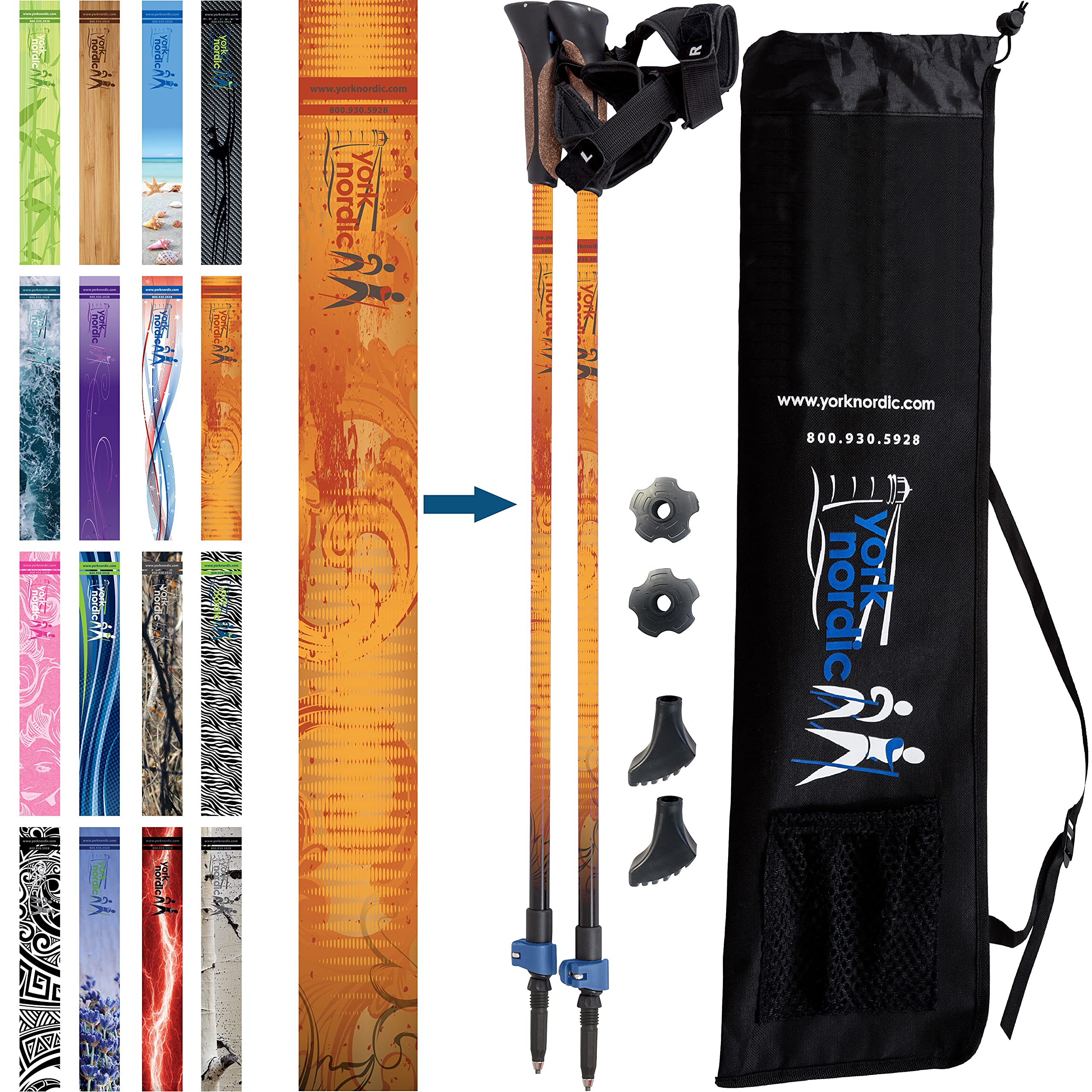 York Nordic Walking Poles - Classic Nordic Grips - Lightweight, Adjustable, and Collapsible -2 Pieces Adjustable w/flip Locks, Detachable feet and Travel Bag
