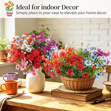 12 Bundles Artificial Flowers Outdoor, 6 Colors UV-Resistant Artificial Flowers, No Fade Plastic Faux Plants for Indoor Outside Garden Porch Window Box Farmhouse Wedding Decoration Hanging Planters