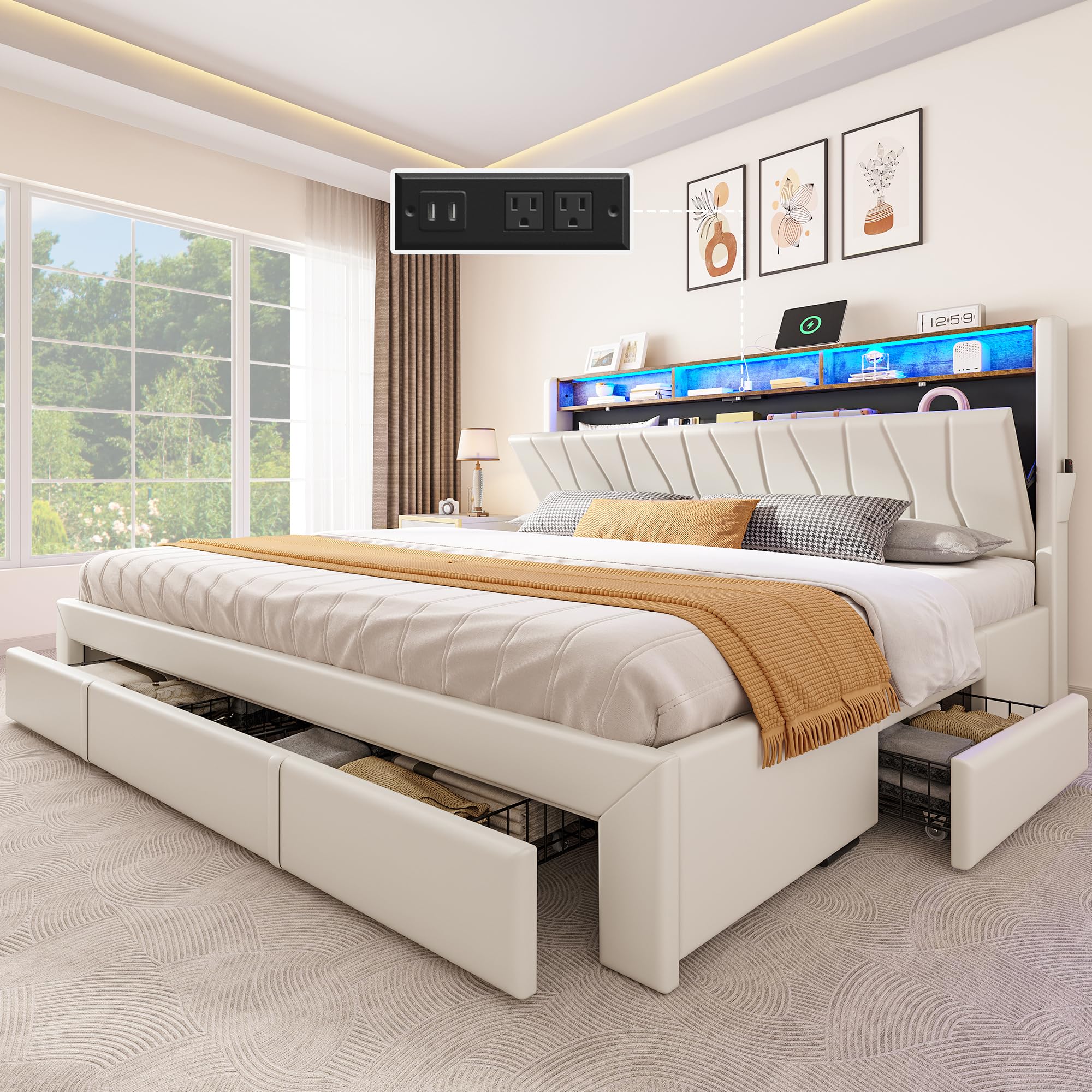 YITAHOME King Size Bed Frame Storage Bed Frame with 4 Drawers LED Light Platform Bed with Storage Upholstered