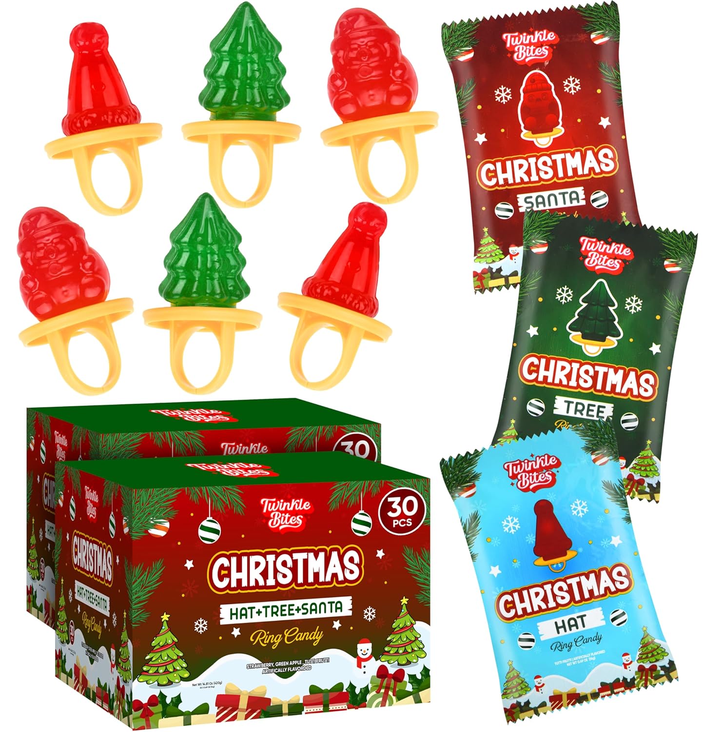 60 Pack Christmas Ring Candy – Individually Wrapped Holiday Themed Santa, Tree, Hat Lollipops – Strawberry, Green Apple, Tutti Frutti Delicious Flavors – Bulk Christmas Suckers Great Use, For Stocking Stuffers Kids Party Favor, Classrooms Partys, Goodie Bags
