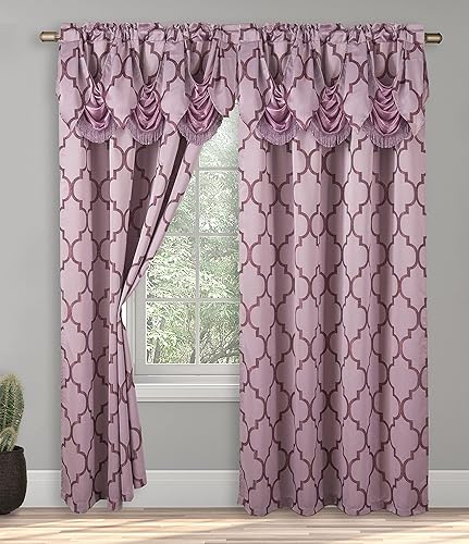 Elegant Comfort Juego de 2 paneles de cortina de aspecto jacquard con cenefa de cascada adjunta 54 x 84 pulgadas patrón de cuadrifolio lilamorado