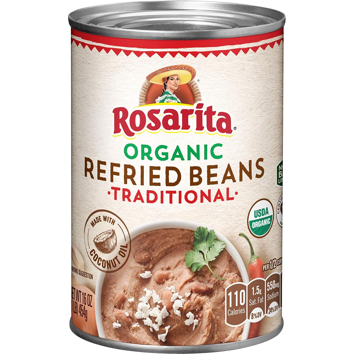 Rosarita Organic Refried Beans, 16 oz Cans (Pack of 12) - USDA Certified, Fiber-Rich Authentic Mexican Flavor