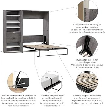 Bestar Full Murphy Bed with Closet Organizer, Bark Grey & White, Cielo, 89W