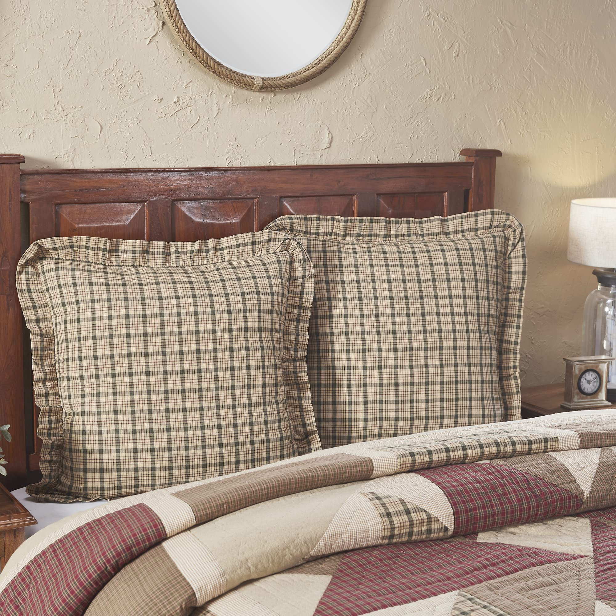 VHC Brands Cider Mill Plaid Euro Sham, Tan & Charcoal, 26x26