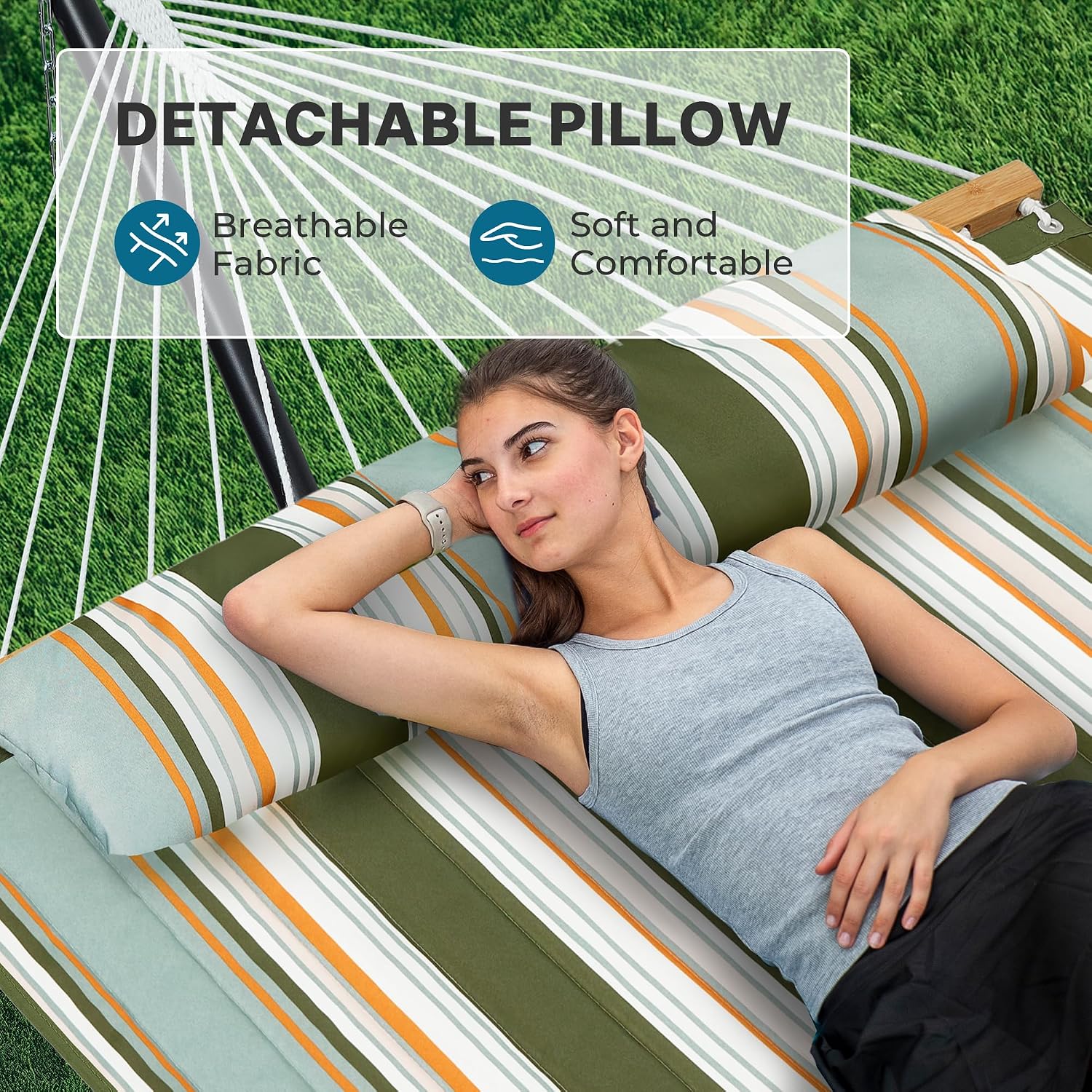 SUPERJARE Hammock with Stand, 2 Person Quilted Outdoor Hammock, Detachable Pillow & Bamboo Spreaders, Portable Hammock with Carrying Bag, Heavy Duty Stand, Perfect for Outside, Patio, Retro Green thumbnail