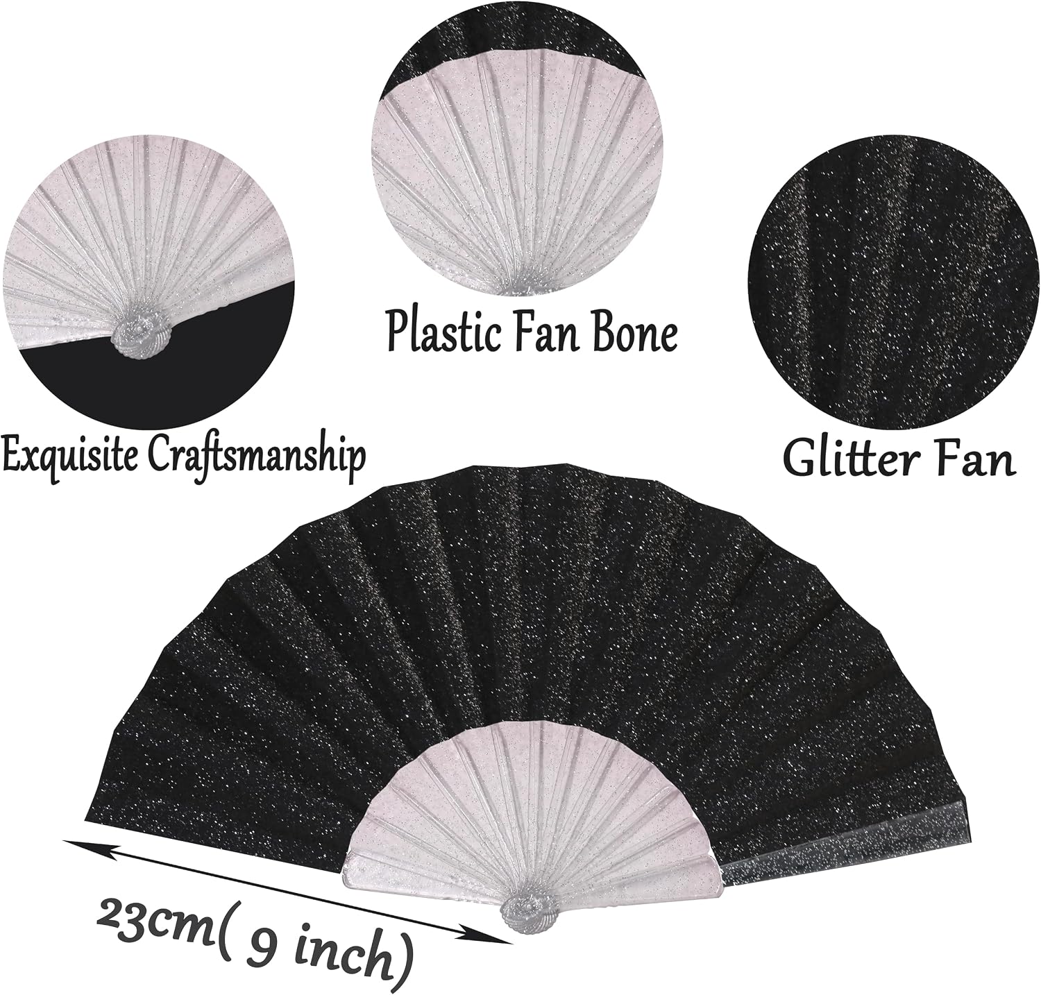 Womens Hand Held Folding Fans Foldable Fans For Summer Glitter Women Handheld Fan with Shining Transparent Fan Accessories Festival, Party，Edm, Club, Dancing For Men Women And Gifts Black image 2