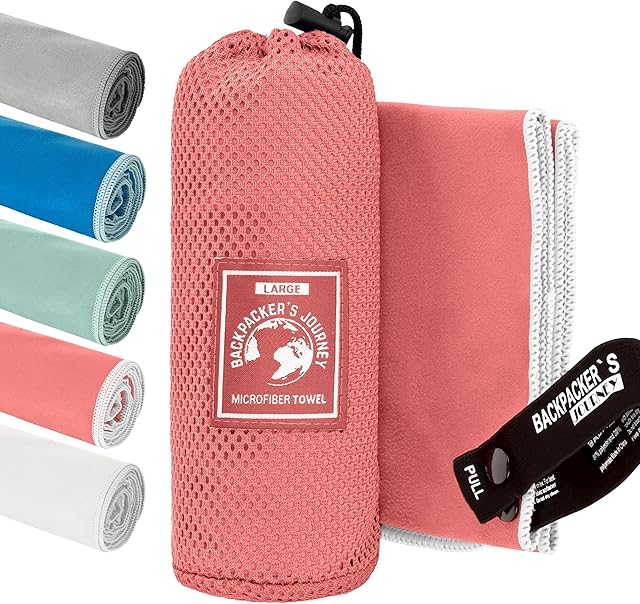 Backpacker's Journey Ręczniki z mikrofibry w rozmiarze S M L XL. Zestaw ręczników podróżnych lekkich, szybkoschnących, chłonnych i antybakteryjnych (kolor łososiowy XL&L&M)