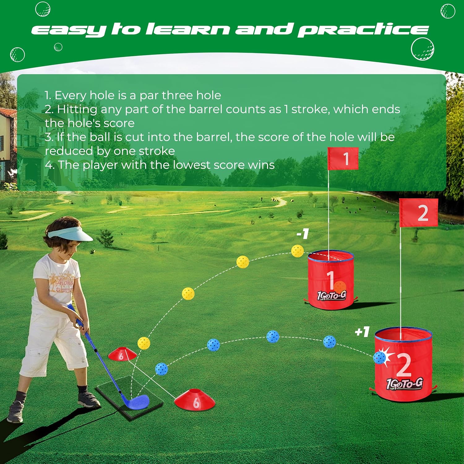 Golf Bucket Game, Backyard Golf Game for Golf Enthusiast- Portable 9 Holes Golf Course Play Outdoor, Lawn, Park, Beach, Yard, Camping with Club.