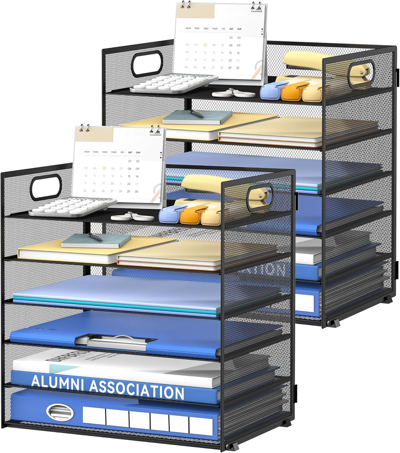 Daltack 6 Tier Paper Organizer for Desk, Paper Letter Tray Organizer for Desks, Mesh Desk File Organizers with Handle for Office, Home, School, Black, 2 Pack