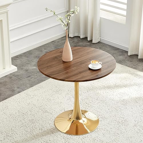 Miniatura 4 de Mesa de comedor redonda de nogal para espacios pequeños, mesas de tulipanes de 32 pulgadas con base de pedestal de metal dorado, mesa de bistró para
