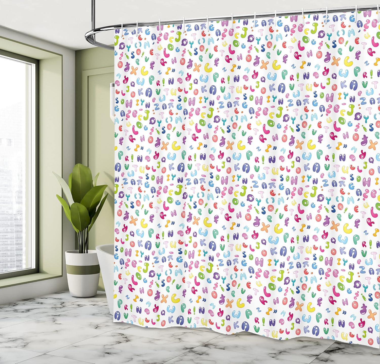 Ambesonne ABC Shower Curtain, Colorful Alphabet ABC Bubble Letters Doodle Style Fun Design, Cloth Fabric Bathroom Decor Set with Hooks, 69" W x 84" L, Pink Green