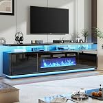 Oneinmil 70" TV Levez-vous avec Double LED Lumières pour le salon, Centre de divertissement moderne & Console de médias, Adapte les téléviseurs jusqu'à 80", Armoire de rangement avec étagères, blanc
