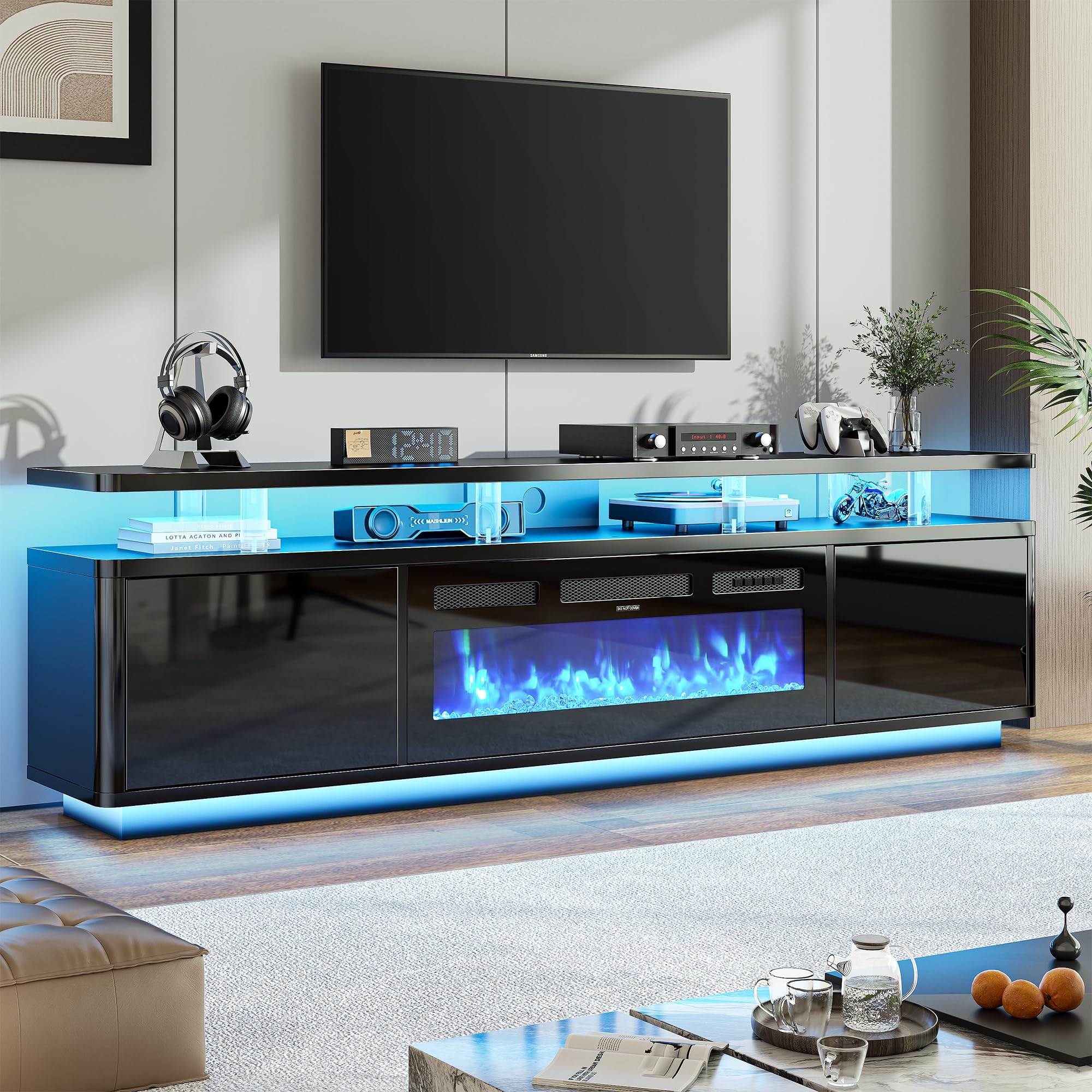 80" Fireplace TV Stand with Double LED Lights for TVs UP to 80", Electric Fireplace Entertainment Center with Storage Cabinets, TV Console for Living Room, Office, Black