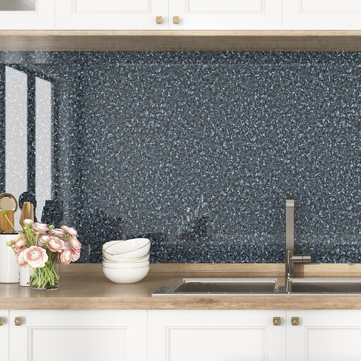Terrazzo Contact Paper for Countertops Waterproof Black Blue Marble Wallpaper Peel and Stick Self Adhesive Dark Granite Contact Paper for Cabinets Kitchen Backsplash Bathroom Desk 15.8''x80''