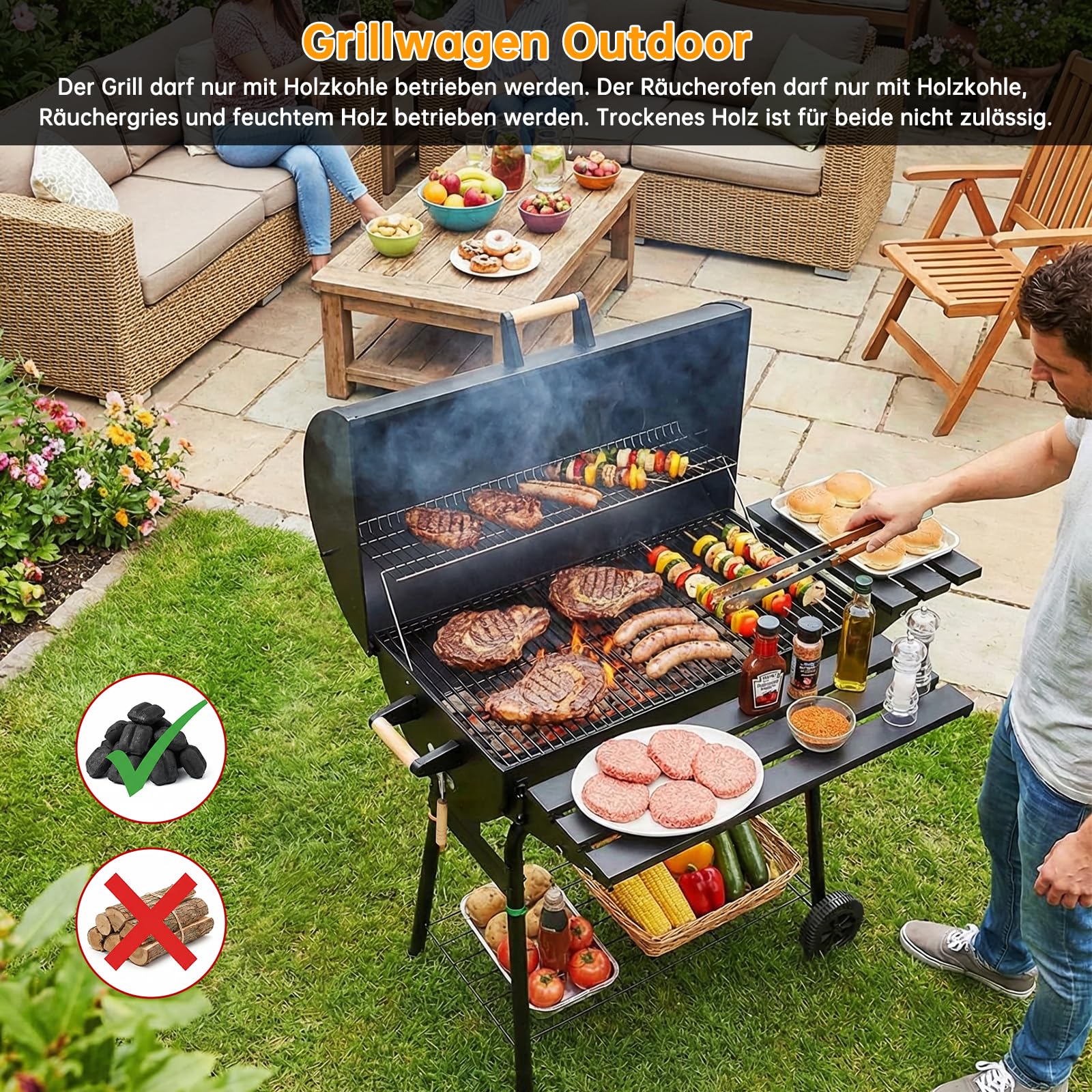 TLSUNNY Barbecue Charbon de Bois, Chariot à Grill avec Couvercle, Cheminée, Thermomètre, Bac à Cendres Amovible, Tablettes Pliables, 2PCS Roues, BBQ Fumoir pour Jardin et Camping, 6–8 Personen