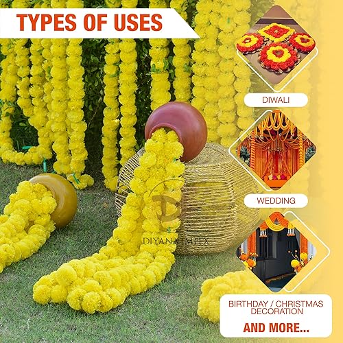 Vista 42 de Guirnalda de caléndula para decoración, 5 piezas de 5 pies de largo, flores artificiales de caléndula de caléndula, decoración india para Pooja