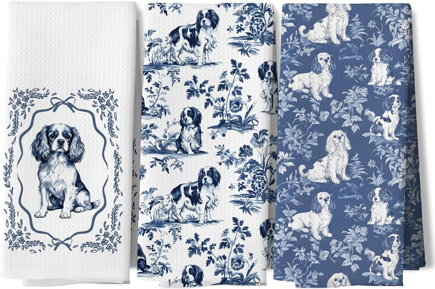 DAYOUER Chinoiserie Cavalier King Charles Spaniel Kitchen Dish Towels, King Cavalier Charles Gifts, Blue and White Chinoiserie Weiner Dog Decor Hand Towels for Bathroom Kitchen, 16x24 Inches Set of 3