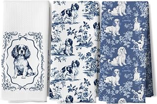 Chinoiserie Cavalier King Charles Spaniel Kitchen Dish Towels, King Cavalier Charles Gifts, Blue and White Chinoiserie Weiner Dog Decor Hand Towels for Bathroom Kitchen, 16x24 Inches Set of 3