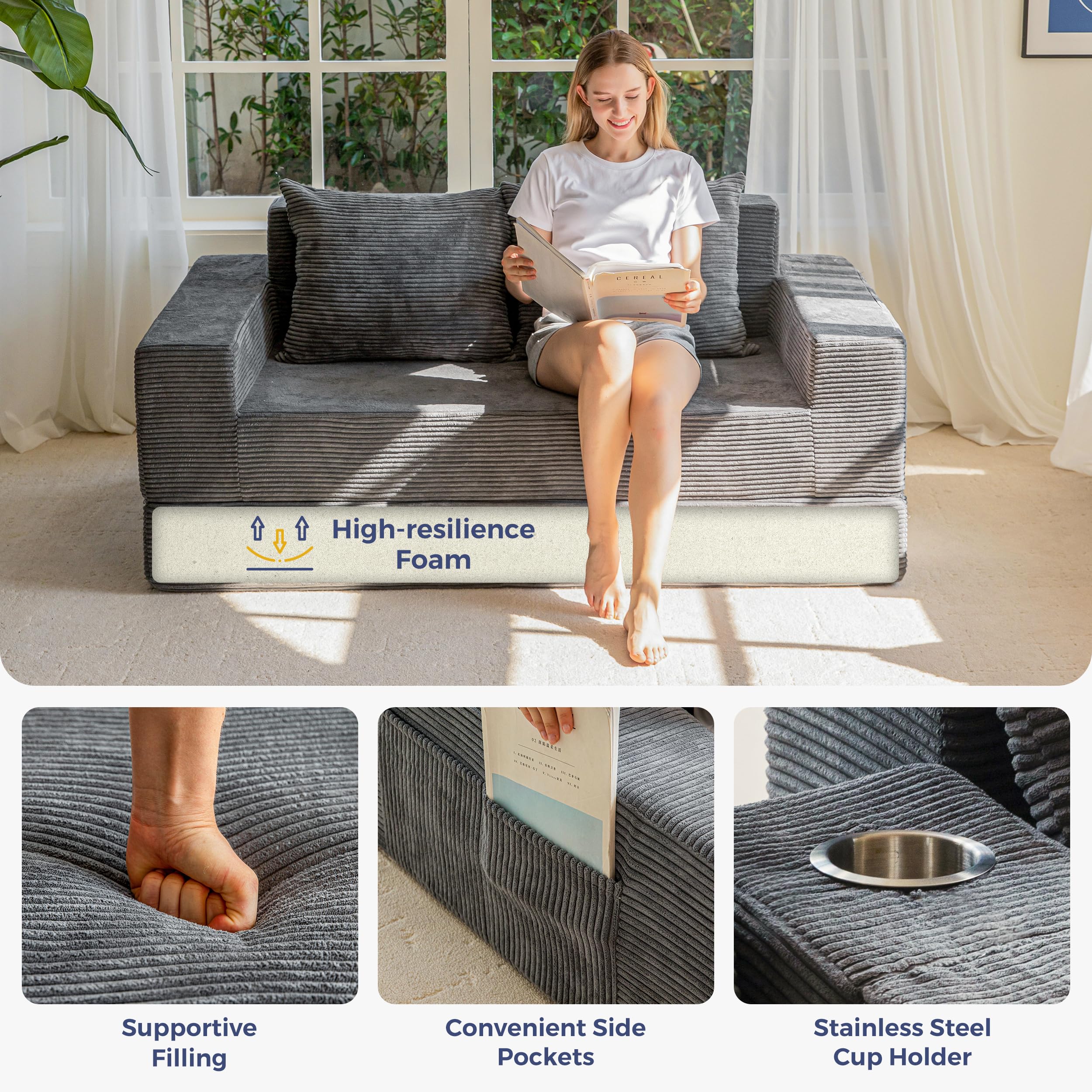 MAXYOYO Divano Letto Pieghevole, Sofa da Pavimento in Velluto a Coste, Divano Funzionale Trasformabile con Portabicchieri e Cuscino, Sofa a Compressione per Soggiorno, Camera da Letto e degli Ospiti