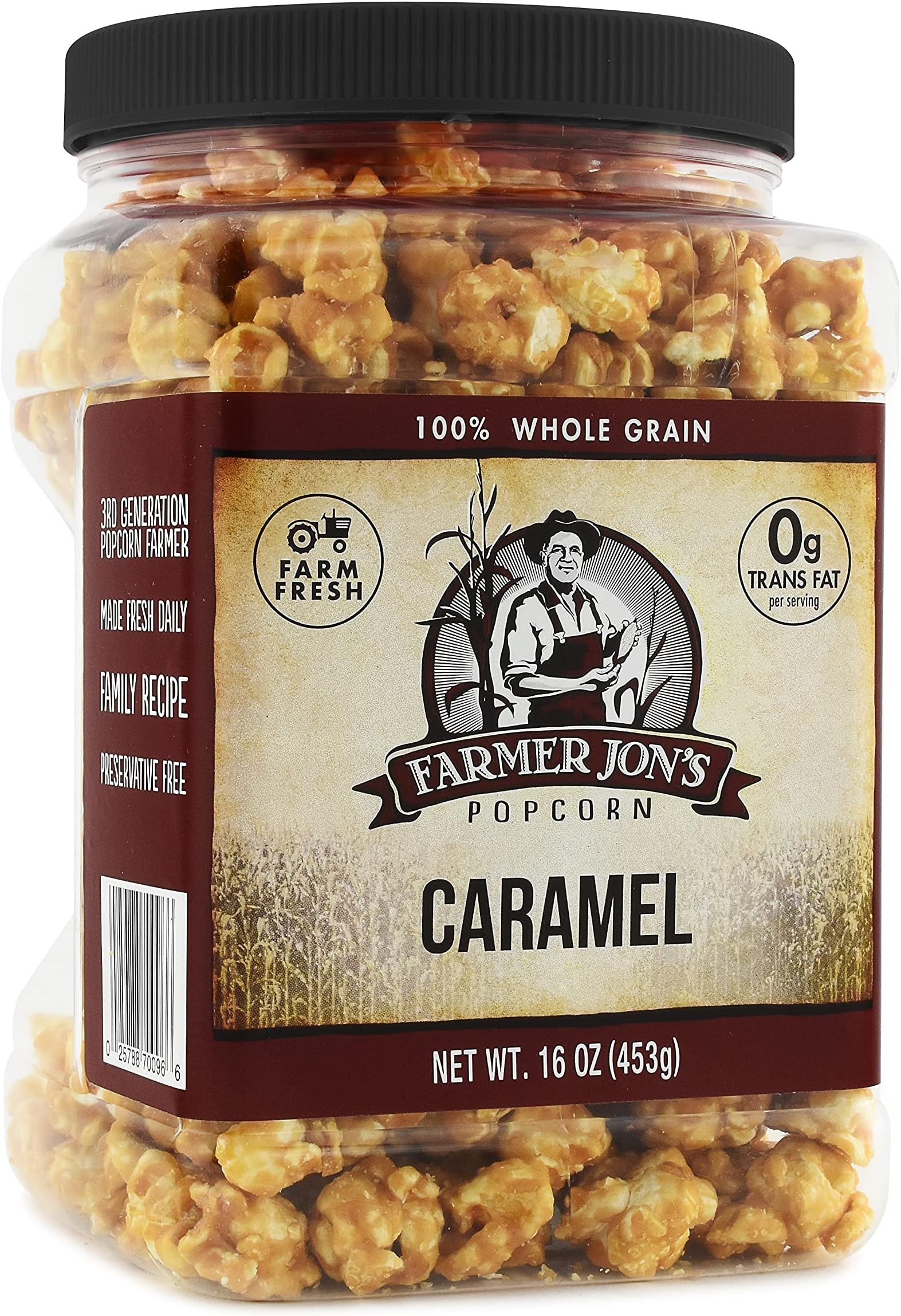Farmer Jon's Caramel Popcorn, 16oz Jar of Gourmet Popped Popcorn with Caramel