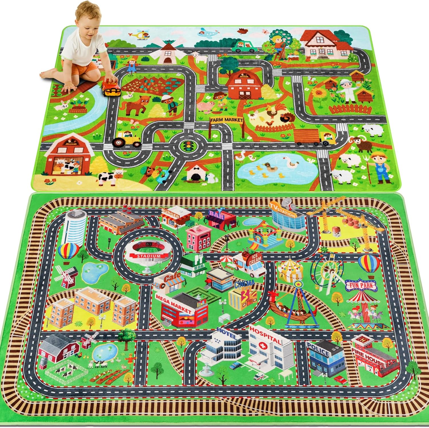 2 Pack Kids Rug Play Mat for Toy Cars,39.4"×59" City Life 3D Road Traffic + 39.4"×59" Farm Life Road Traffic Car Rug