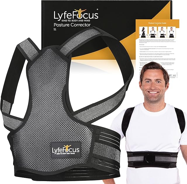 LyfeFocus S1 Premium Breathable Back Posture Corrector for Men & Women - Upper Back Support, Back Brace & Back Straightener - Effective Posture Correction for Neck, Shoulder & Back Pain (Black Medium)