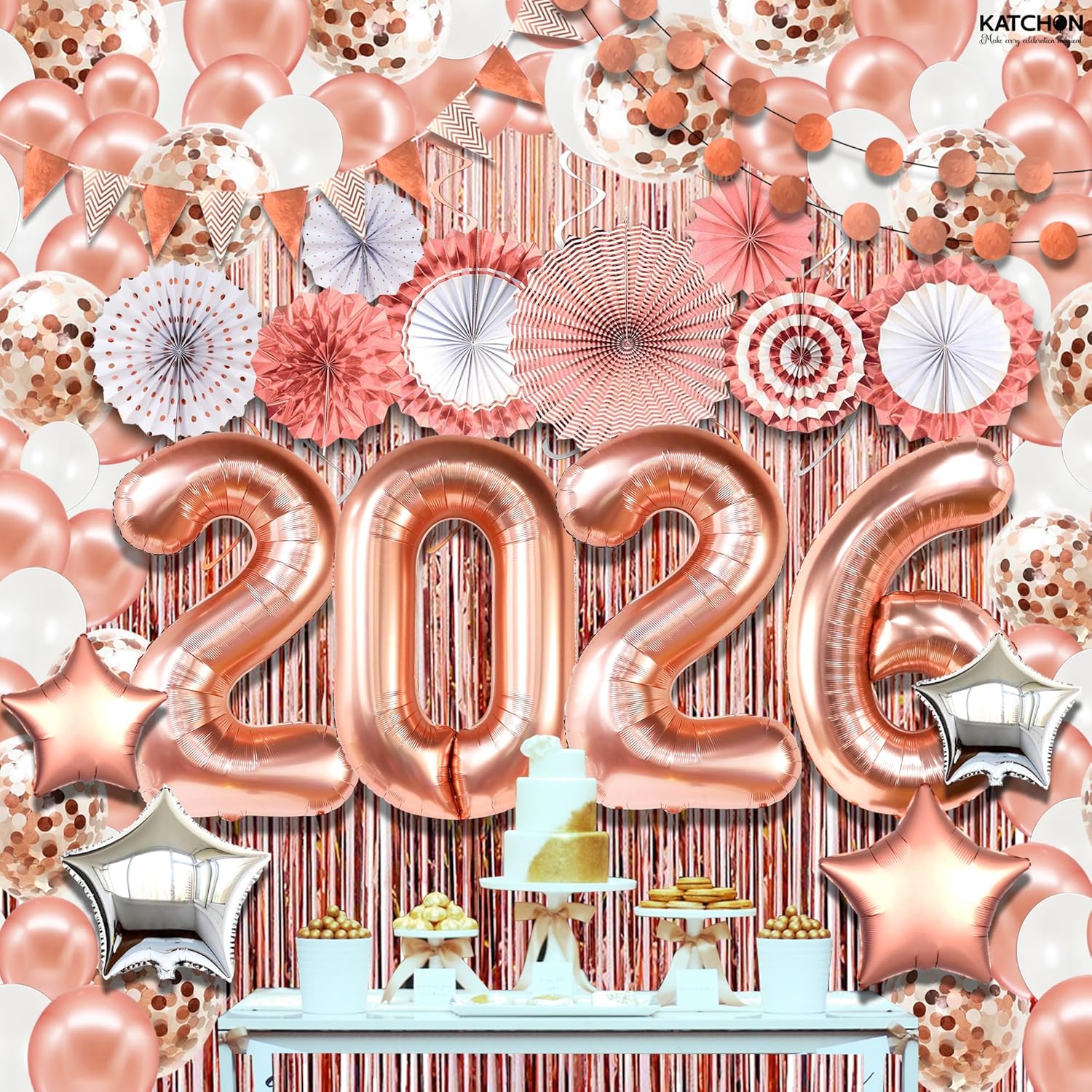 KatchOn, Rose Gold Birthday Decorations Set - Huge Pack of 145 | Rose Gold Fringe Backdrop, Balloons, Garland for Birthday Decorations, New Years Decorations 2026 | New Years Eve Party Supplies