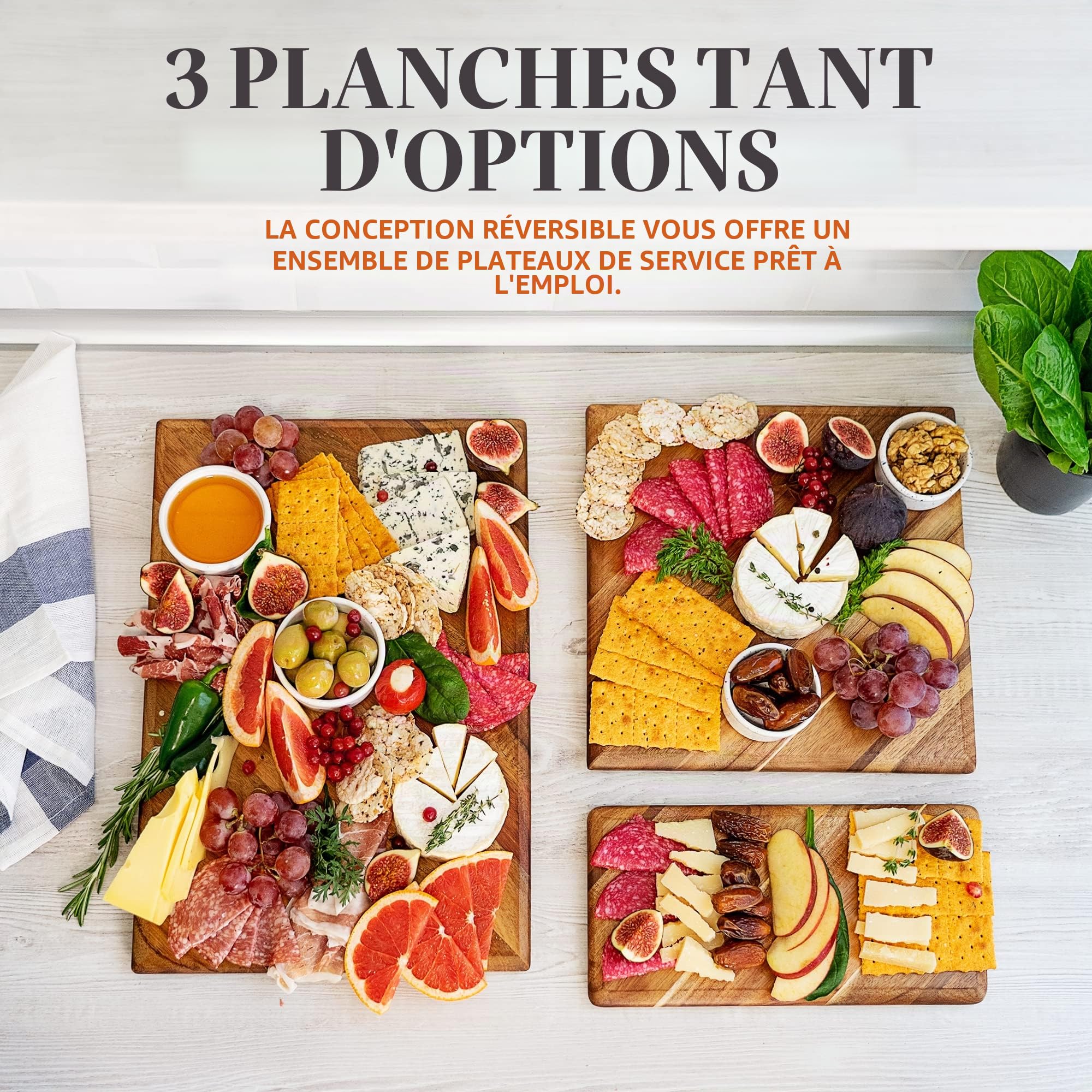 Ensemble de planches à découper Chorus en bois avec rainure à liquides (3 pièces) - Planches de cuisine en acacia, pour découper la viande, les légumes, le fromage - 100% bois naturel
