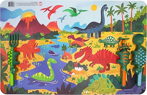 Constructive Eating Made in USA Toddler Utensils & Placemat Dinosaur - Kids Placemats for Dining Table with Kids Forks, Spoons & Pushers for 1-2