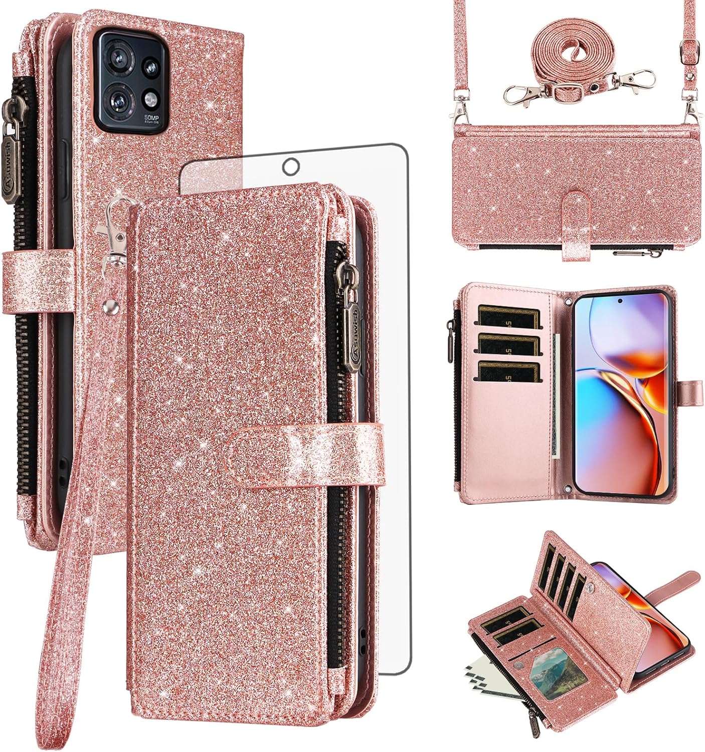 Asuwish Phone Case for Motorola Edge+ Plus 2023/Edge 40 Pro 5G/Moto X40 Wallet Cell Cover with Tempered Glass Screen Protector Strap Bling Glitter Zipper Flip Credit Card Holder X + Women Rose Gold