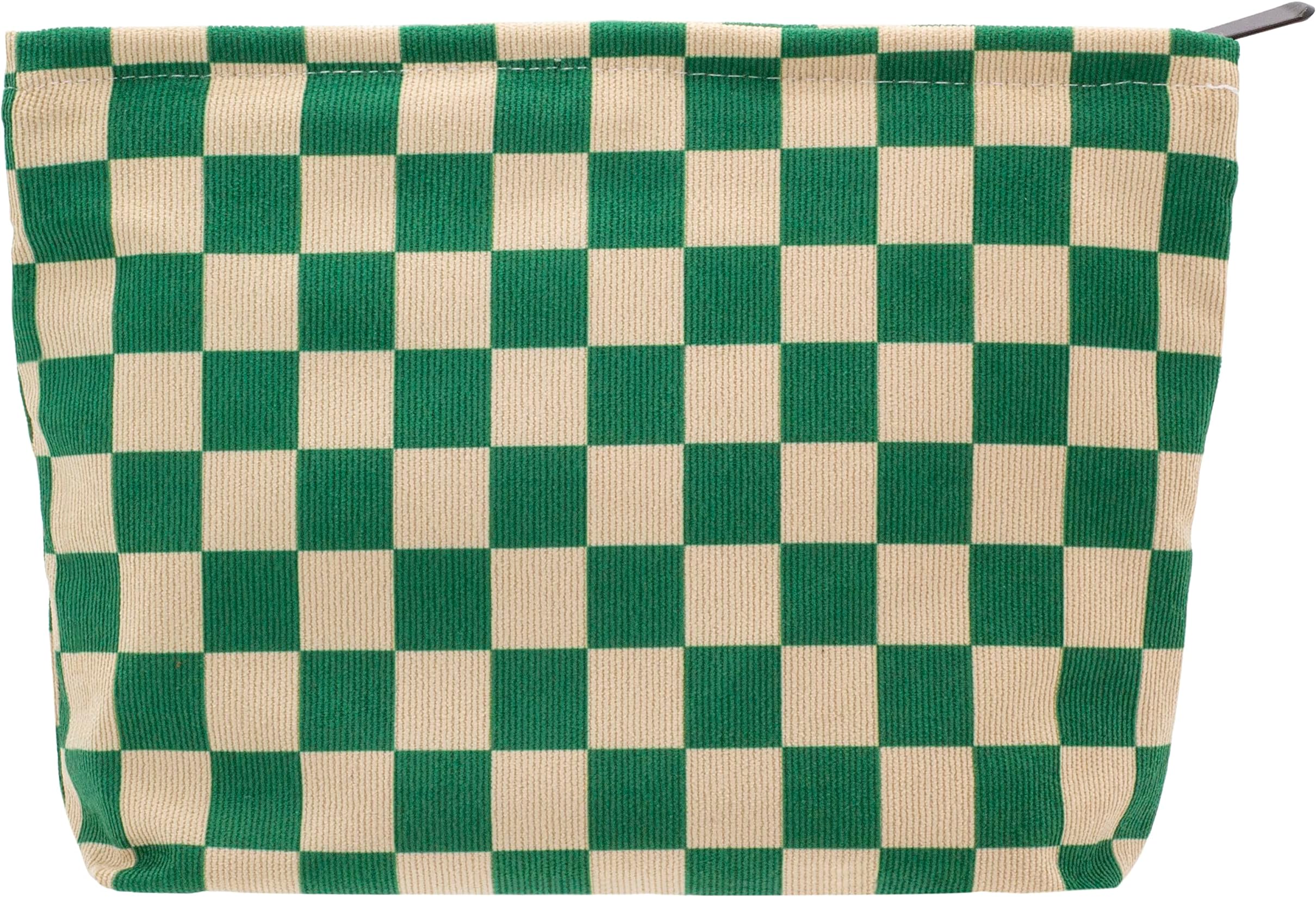 Makeup Bag Large Zipper Corduroy Make Up Pouch for Purse Travel Canvas Cosmetic Organizer for Women Brush Storage,Checkered Green