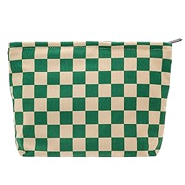 PAZIMIIK Makeup Bag Large Zipper Corduroy Make Up Pouch for Purse Travel Canvas Cosmetic Organizer for Women Brush Storage,Checkered Green