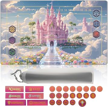 24x14 inch for lokana playmat TCG with Gaming Area - Includes 26-piece Acrylic Life Counter Set with Rainbow Effect and Storage Bag Castle