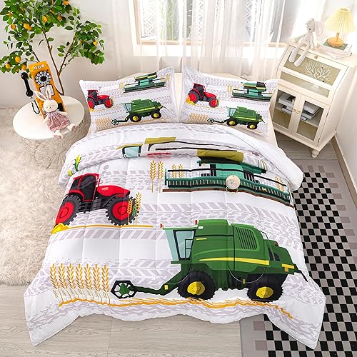 Miniatura 4 de CVHOUSE Juego de ropa de cama de tractor para niños, edredón de excavadoras individual, juego de edredón de camión de dibujos animados para niños,