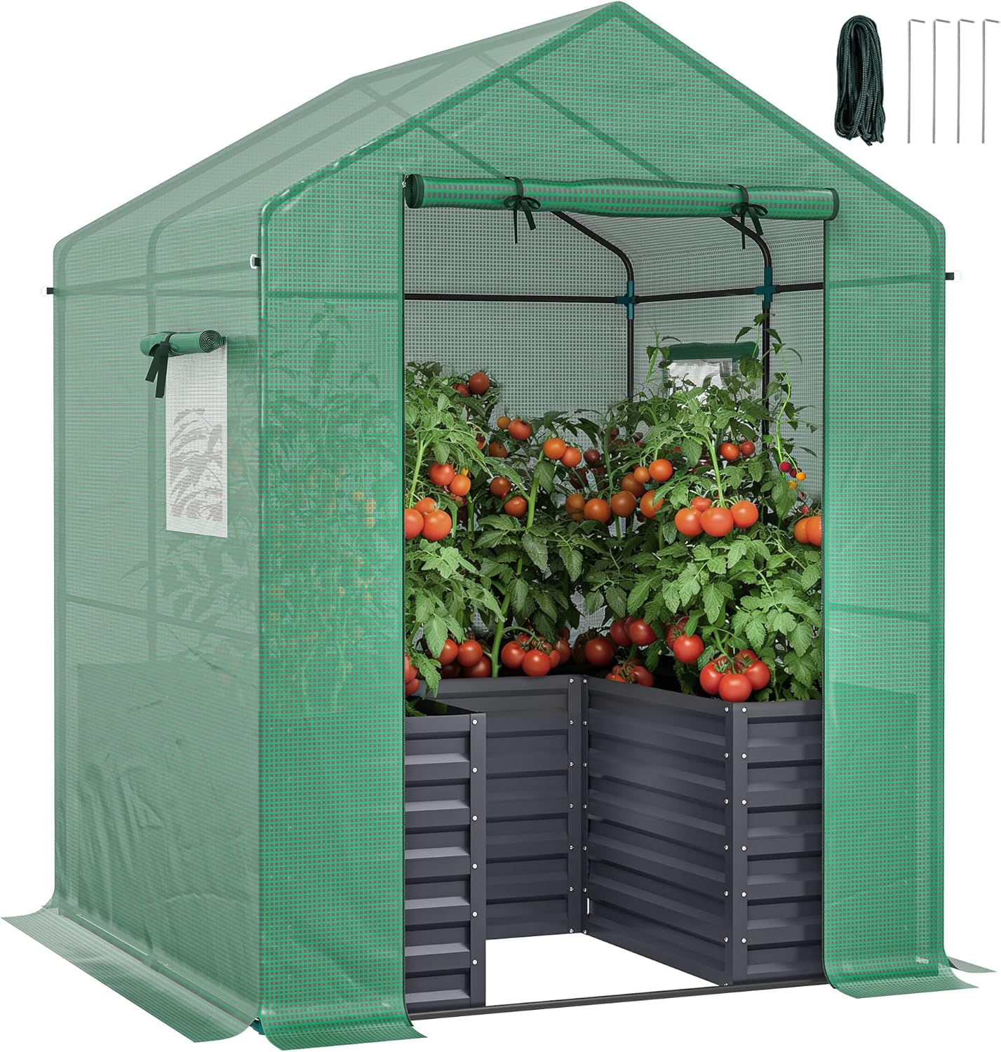 Outsunny Greenhouse with Raised Garden Bed, 56" x 56" x 75" Galvanized Steel Planter Box with PE Cover, Roll Up Door and Windows, Outdoor Greenhouse for Flowers Vegetables, Dark Gray