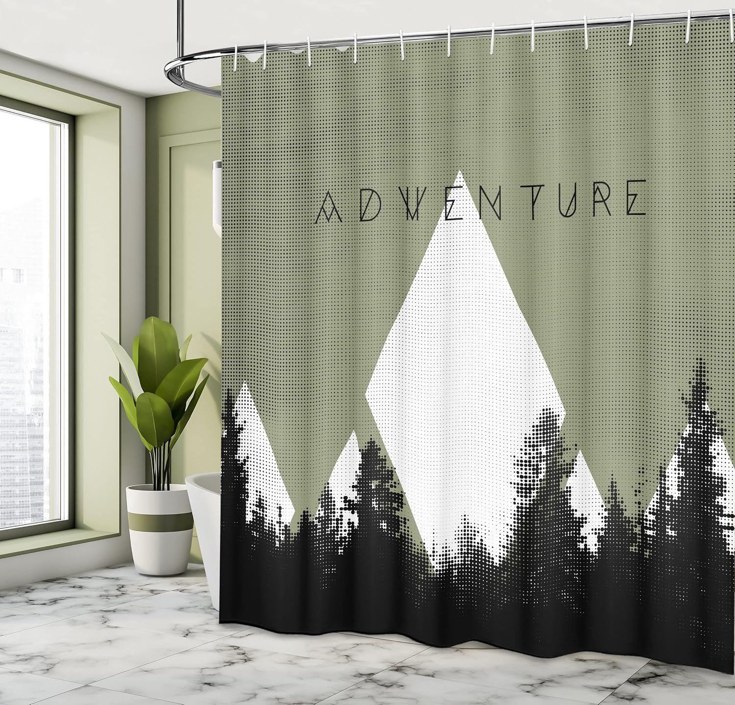 Ambesonne Adventure Shower Curtain, Forest with Halftone Effect Hipster Typography Camping in Mountains, Cloth Fabric Bathroom Decor Set with Hooks, 69" W x 70" L, Army Green