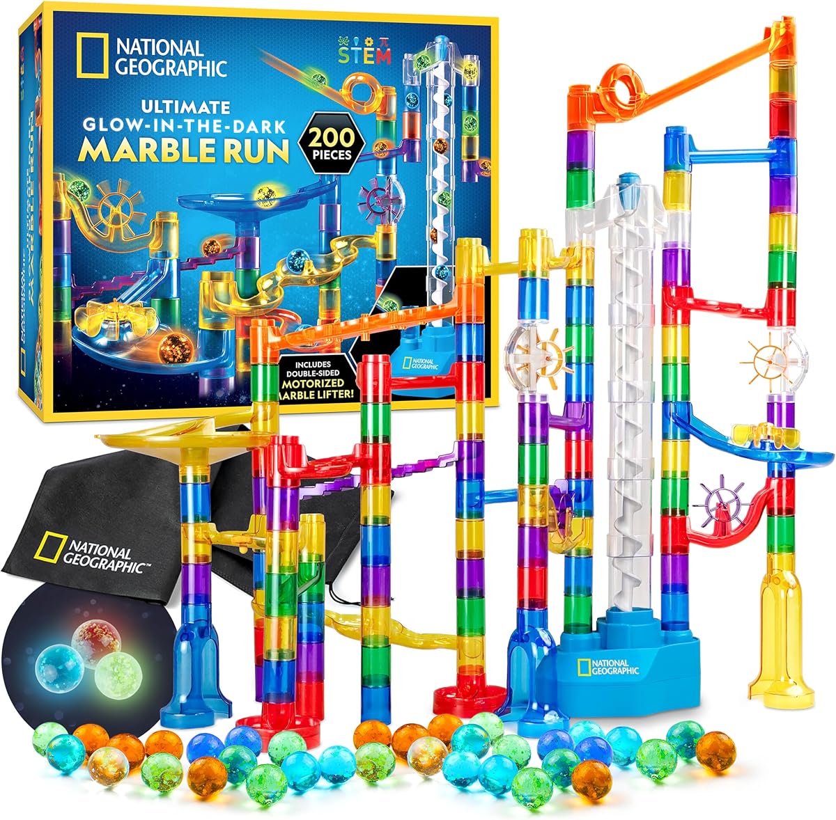 Pista de canicas motorizada que brilla en la oscuridad de National Geographic para niños de 8 a 12 años | Juego de laberinto de canicas de 200 piezas, juguete de construcción con elevador motorizado de doble cara, 20 canicas brillantes, juego de pista de carreras, juguete STEM